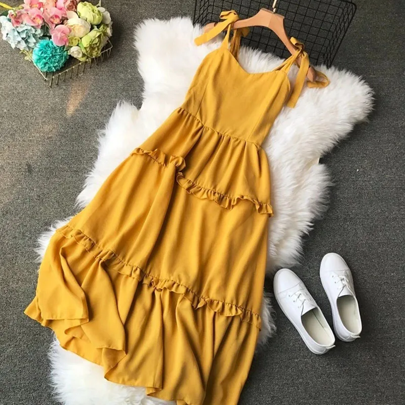 

Elegant Multi-layer Ruffled Long Dress 2021 Summer Women Spaghetti Strap Backless Party Dress Casual Ladies Vestidos