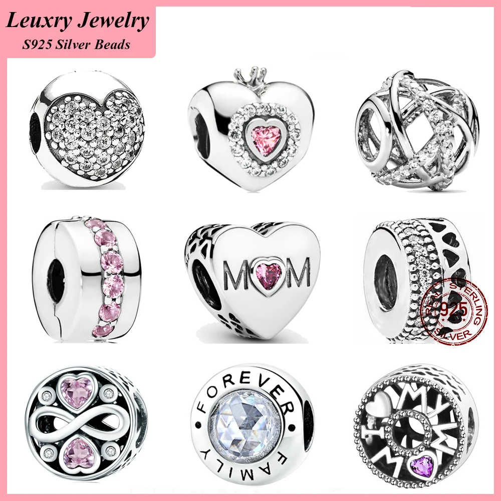 

Leuxry 925 Sterling Silver Sparkling Clear Mom Love Heart Spacer Beads Charm Fit Original Pandora Bracelet DIY Women Jewelry