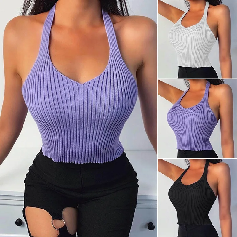 

Women Knitted Halter Crop Top Solid Color Sexy Off Shoulder Camis Female Slim Corset Top Summer Tank Top V Neck Sleeveless Vest