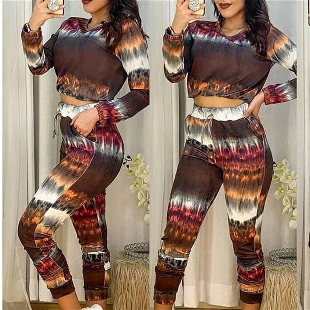 

Autumn Sexy Women Casual Suit New Fashion Tie-dye suit Long Sleeves + Trousers Simple Style Elastic Spring Clothing