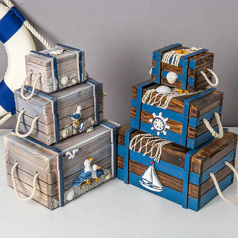 

3in1 Mediterranean wooden storage box Home decoration jewelry box 3 Sizes Marine Seabird starfish Nets Shell Baby Room Gift
