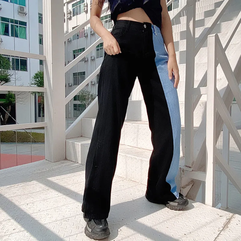 Лоскутные расклешенные женские джинсовые брюки Осенние Длинные джинсы с высокой