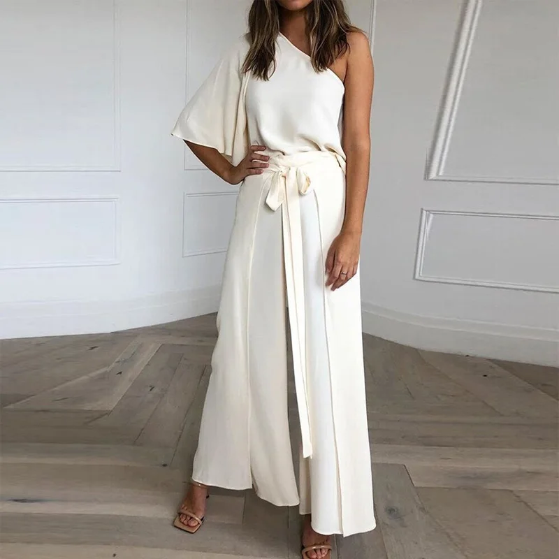 

Sexy One Shoulder Half Sleeve Women Sets Elegant Skew Collar Top + Drawstring Wide Leg Pants Outfits Spring Summer Two Piece Set