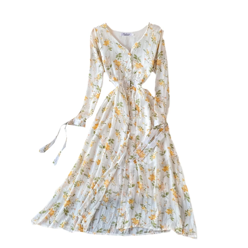 

Женское шифоновое платье с поясом на резинке, на пуговицах