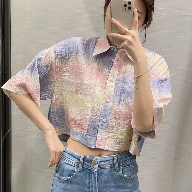 

ZA 2021 Summer Women Blouses Tie Dye Printed Shirts Half Sleeve Office Lady Female Tops Single Breasted Turn Down Collar Blouses