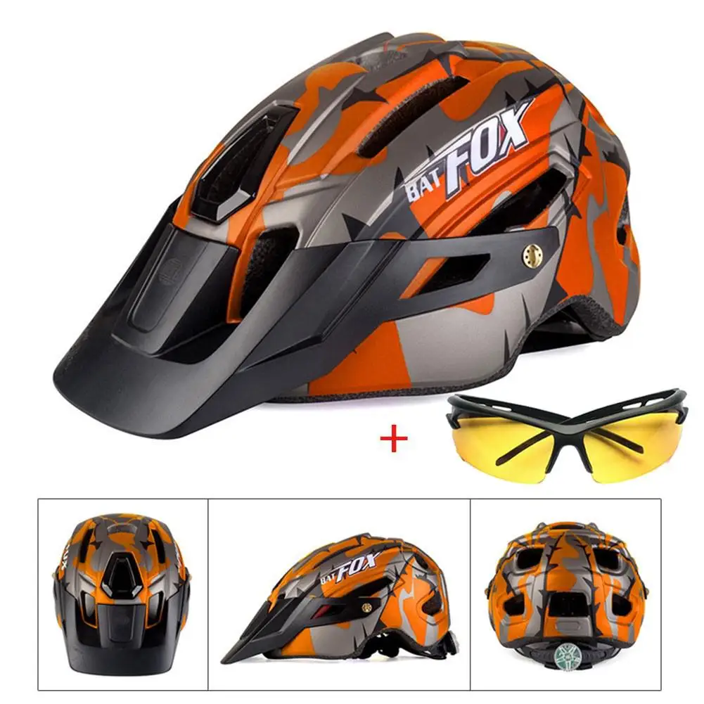 

BATFOX Lightweight Bicycle Helmet Mountain Bike Integrated Riding Helmet With Warning Light Glasses Women Men Sports Safety Cap
