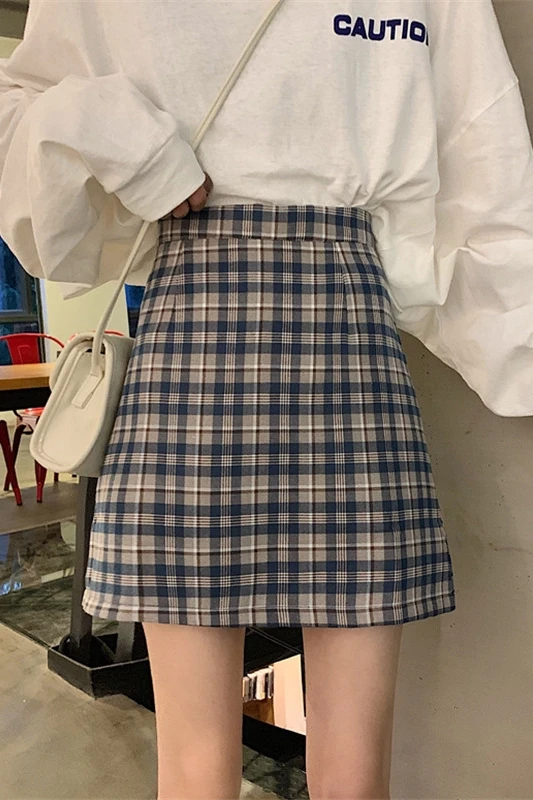 

Spring and summer 2021 new Hong Kong style high waist BM Plaid short skirt A-line buttock skirt for female students skirt autumn