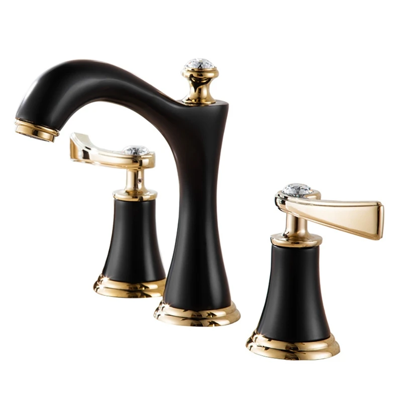 

Смеситель для раковины в ванную комнату, кран из латуни с 2 ручками и 3 отверстиями, черный широкий, с кристальной ручкой