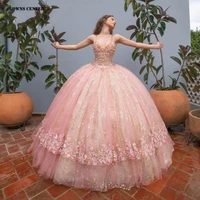 baby pink spaghetti appliques princess lace up tulle quinceanera dress ball gown sparkly sequined sweet 15 16 dresses
