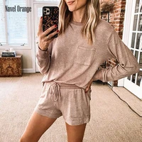 new summer women casual o neck full sleeve homewear suits loose elastic waist drawstring ladies set patchwork loungewear outfits