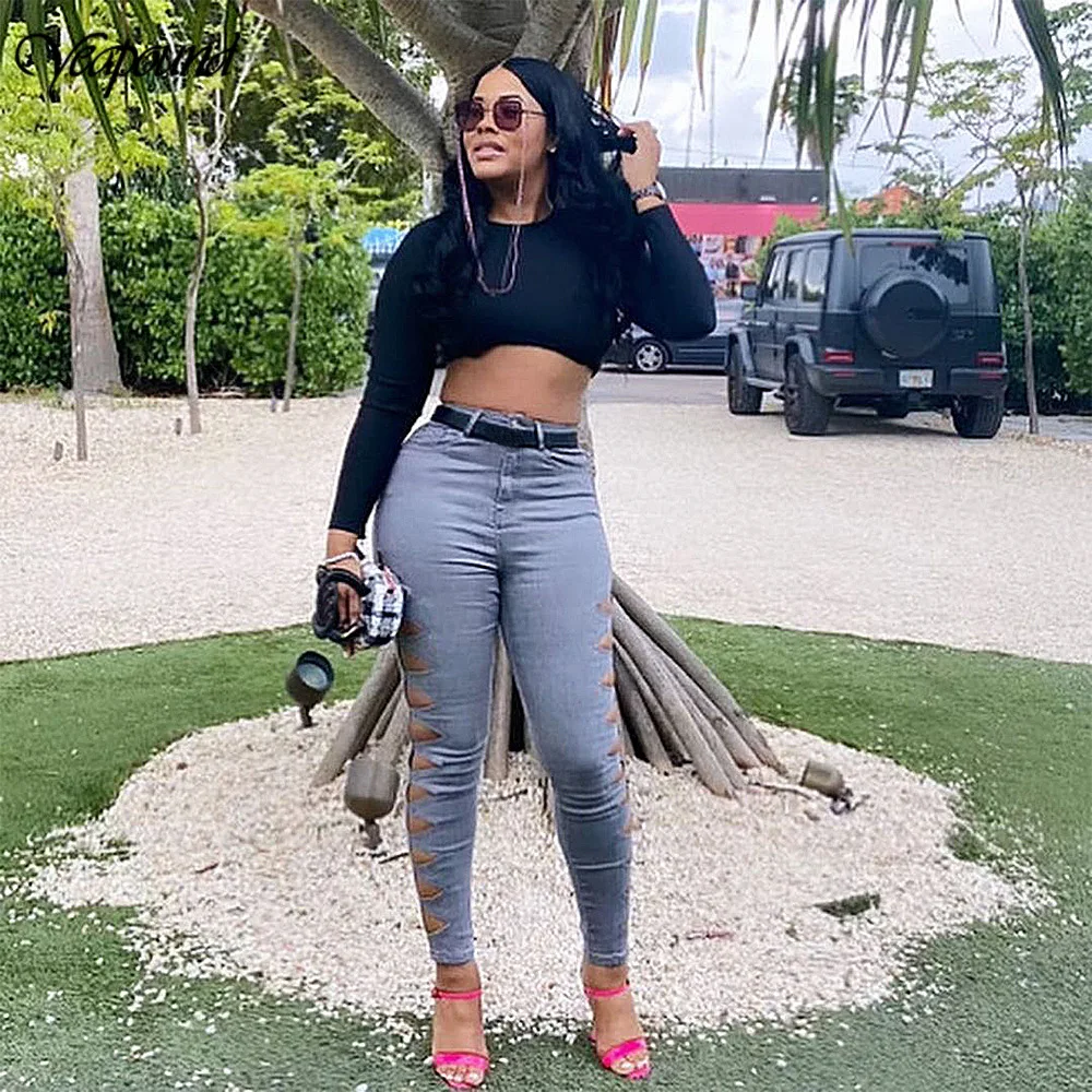 

Side Distressed Women Denim Pants High Waist Skinny Zipper Up Pencil Jeans 2021 Summer Solid Jeans Workout Cargo Pants Trousers