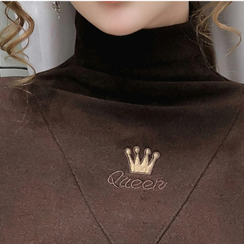 

Fall Winter Women T-Shirt Chic Embroidery Letter Tops Ropa Mujer With Fleece Bottoming Shirt Brushed Cotton Tees 2020 T00014A
