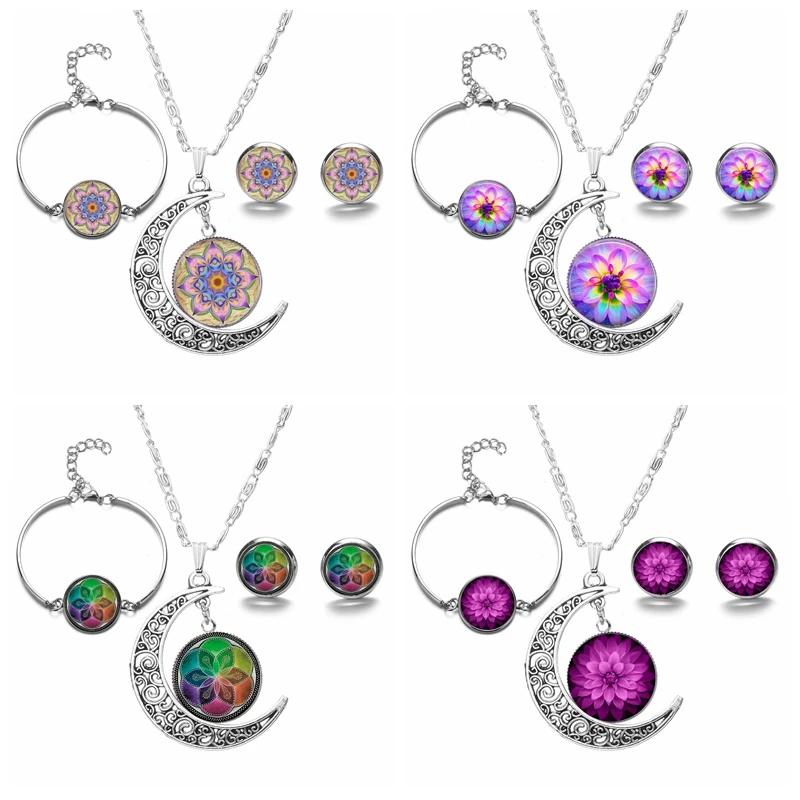 

Color Kaleidoscope Mandala Jewelry Sets Buddhism OM Symbol India Mandala Earrings Necklace Bracelet Amulet Indian Jewelry