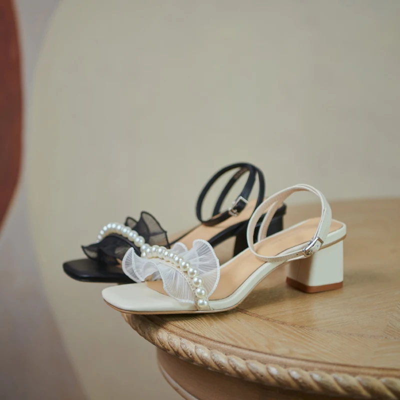 

Women sandals natural leather summer shoes 22-24.5cm Cow leather+mesh upper+Sheepskin insole fashion Pearl chain sandles women