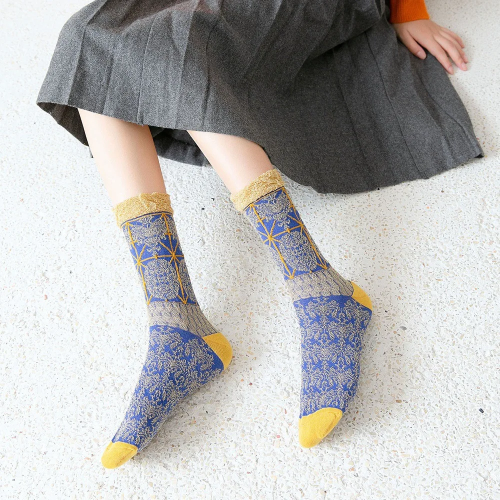 

5 Pairs Round Toe Women Socks Gold And Silver Lace Socks Harajuku Casual Socks Pack