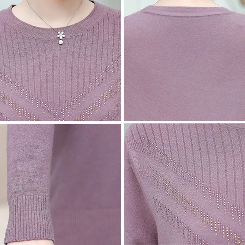 

Spring Long Sleeve Diamonds Knitted Tops Women 2021 New Mom's O-Neck Pullover Plus Size Casual Loose Knitwear Jumper Female