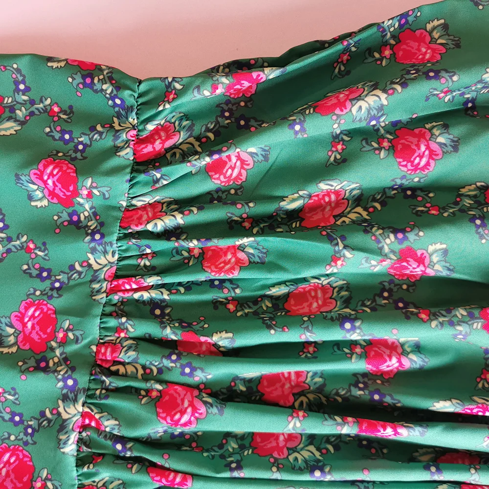 

Elegant Women Green Print Floral Dress Long Sleeve Puff Vintage Ruffle Robe Female 2021 Spring Evening Party Plus Size Dresses