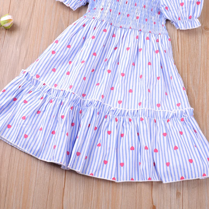 

2021 New Summer Short-Sleeved Striped Dress Girl Clothes Heart-Shaped Print Long Dress Girls' Dress Clothes Child Girl