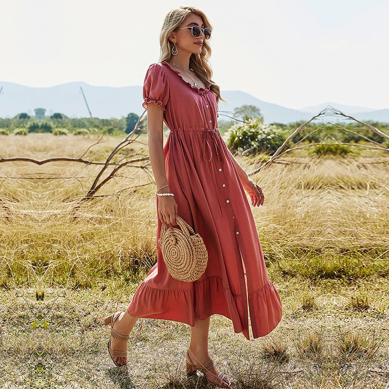 

Spring Puff Sleeve Long Dress Women Solid Color Ruffles Button High Waist O Neck Elegant Dress For Women 2021 New Casual