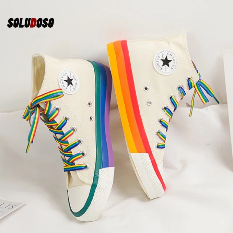 Кеды женские с радужной подошвой высокие кроссовки холщовые Вулканизированная