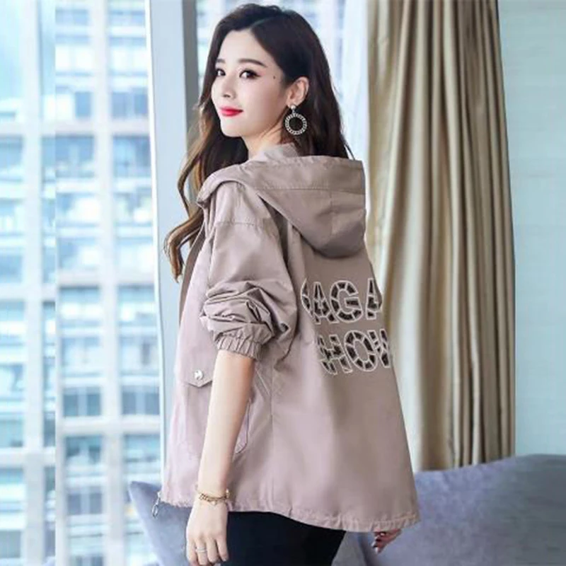 

Spring Korean Style Letter Print Zip-Up Hoodie Jacket Women Casual Loose Double Pocket Windbreaker Fashion Long Sleeve Coat Fall
