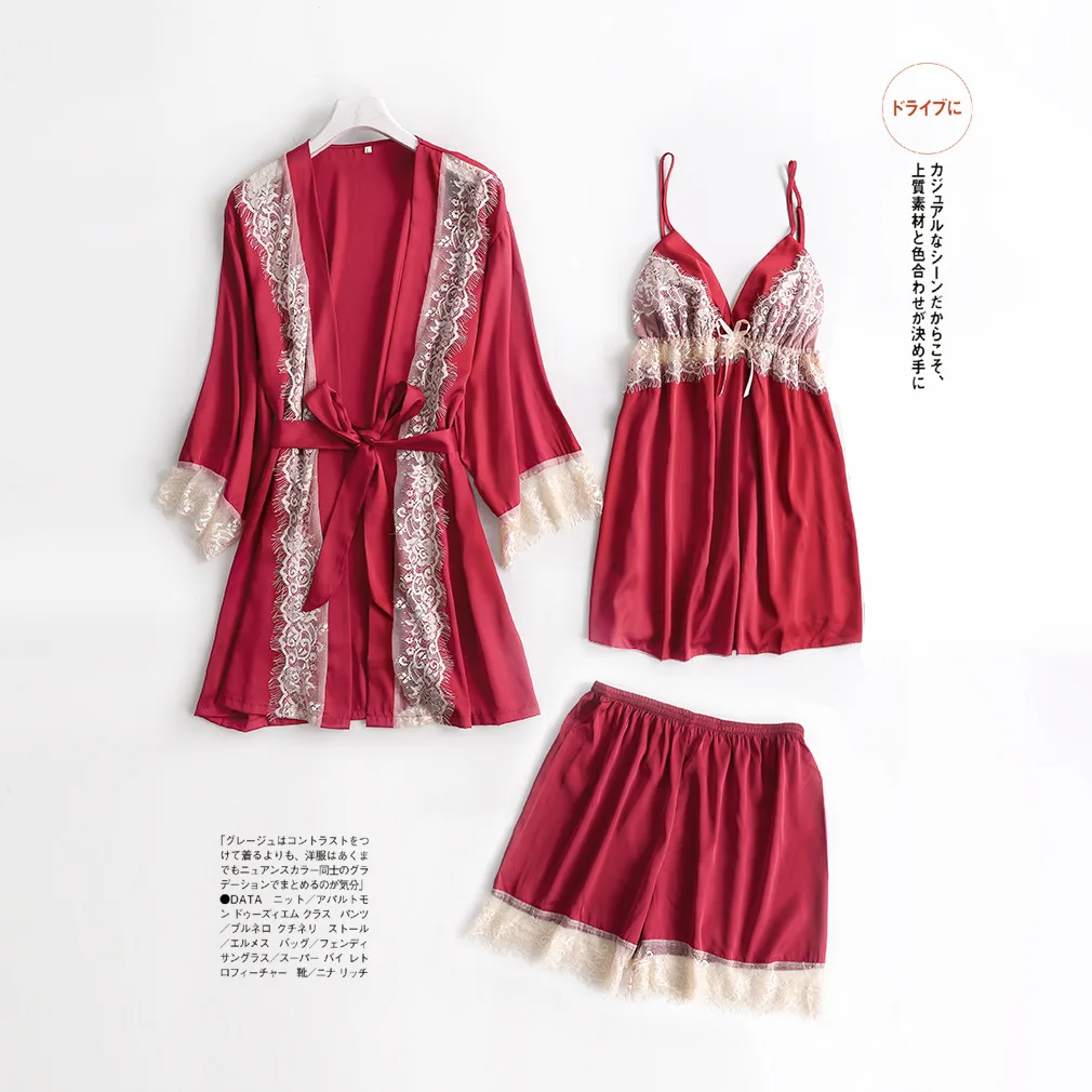 

Wedding Bride Pajamas Three-Piece Strap Shorts Nightgown Eyelash Lace Leisure Tops Can Be Worn outside with Chest Pad