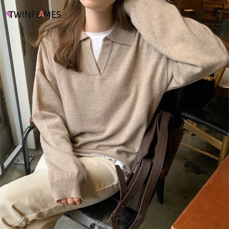 

TWINFLAMES Autumn Thin Knitted Sweater Women Vintage Polo Collar Long Sleeve Streetwear Pullover V-neck Female Clothing