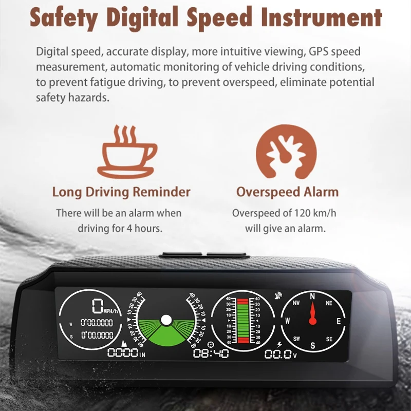 

New Go-2 Gps Head Up Display Speed Slope Meter Inclinometer Car Compass Automotive Hud Pitch Tilt Angle Protractor Clock Latitud