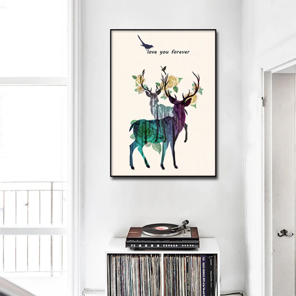 

Abstract elk flower and bird combination Canvas Poster Wall Art Print Modern Painting Nordic Kid Bedroom Decoration Picture