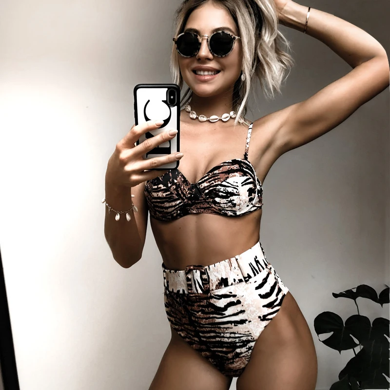 Женский купальный костюм леопардовый комплект бикини с высокой талией