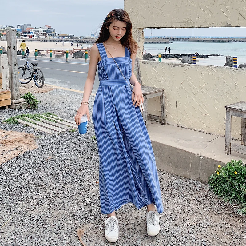 

Women Summer Sleeveless Stripe Bandage Jumpsuits Wide Leg Pants Skirts Strap Romper Office Lady Loose Casual Blue Trouser