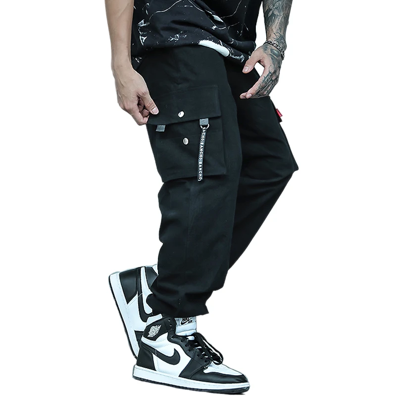 Брюки-карго мужские с эластичным поясом повседневные джоггеры лентами и