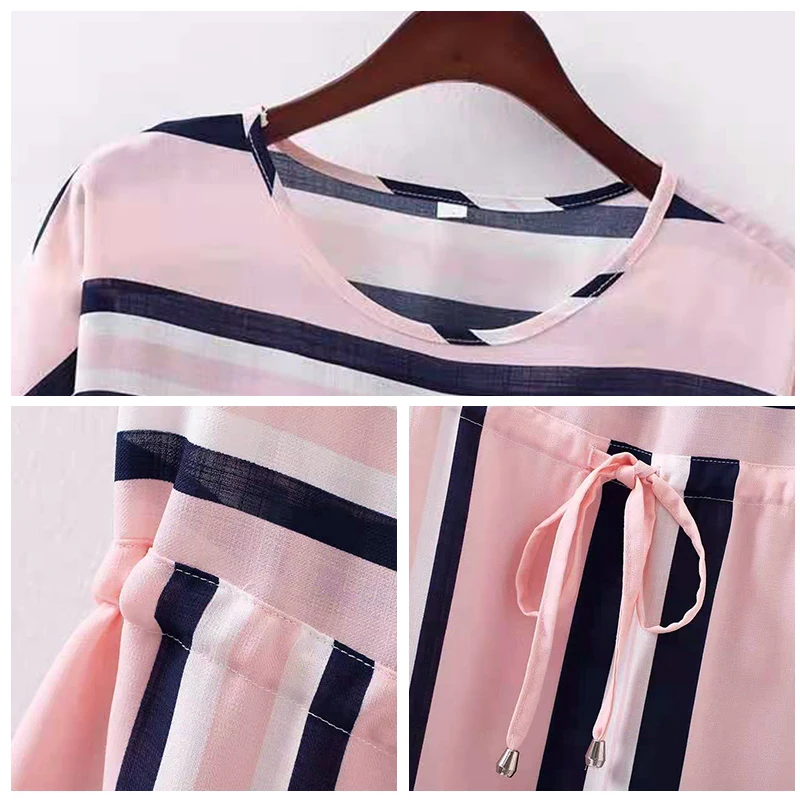 

LUXUV Women's Summer Dresses Beach Harajuku Short Sleeve Robe Stripe Sundress Weist Belt Dress Shirt Sukienka Night Sleepwear