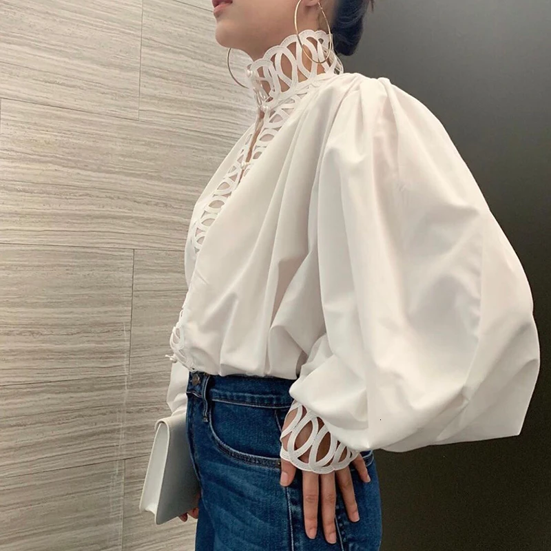 CHICEVER белая открытая женская рубашка водолазка фонарь длинный рукав Лоскутная