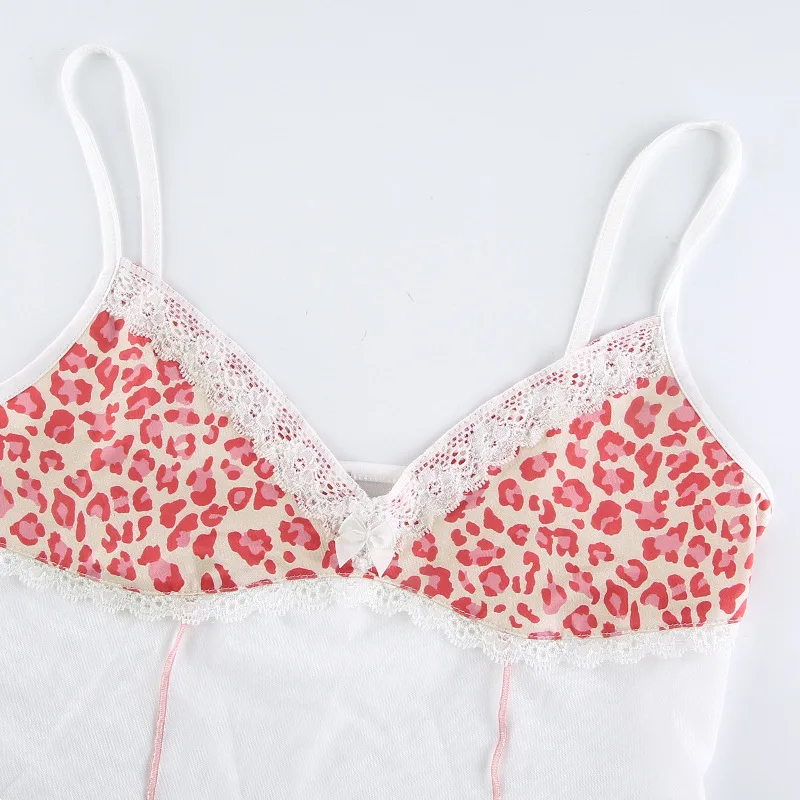 

Women's Crop Top Pink Leopard Print Sleeveless Lace Ptachwork Cami Vests Mesh Tank Sexy Slim 90s Club Summer 2021 New Cute