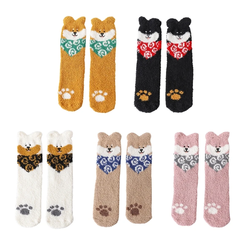 

Women Winter Microfiber Fuzzy Slipper Home Socks Cute 3D Ears Puppy Dog Pattern Kawaii Thick Cozy Warm Sleeping Hosiery