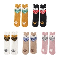 women winter microfiber fuzzy slipper home socks cute 3d ears puppy dog pattern kawaii thick cozy warm sleeping hosiery