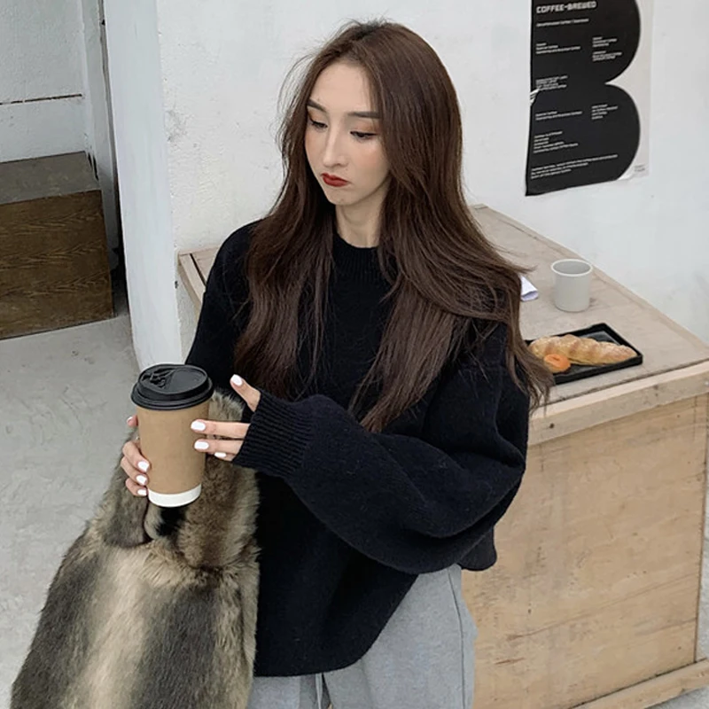 BGTEEVER большие размеры свободные женские вязаные Джемперы полный рукав подходит