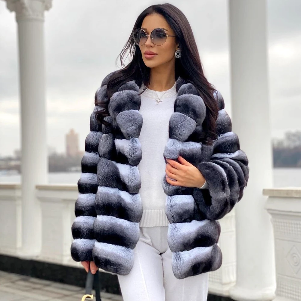 Luxury Women Real Rex Rabbit Fur Coat Winter 2022 New Chinchilla Color Genuine Rex Rabbit Fur Jacket Turn-down Collar Overcoats