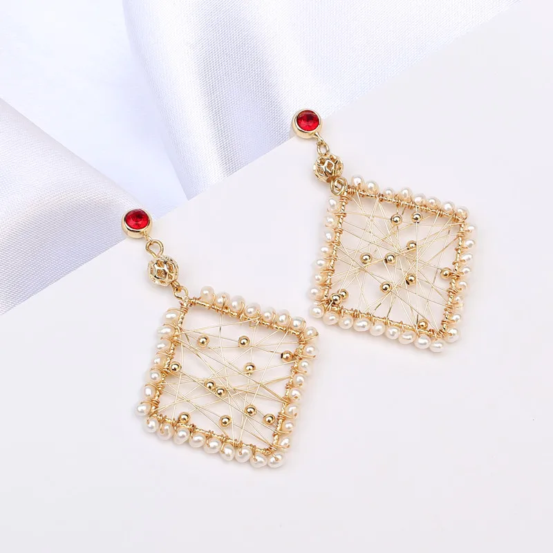 

vintage square gold wire wrap solid 925 silver stud women unique earring with natural real pearl beads handmade wedding gift