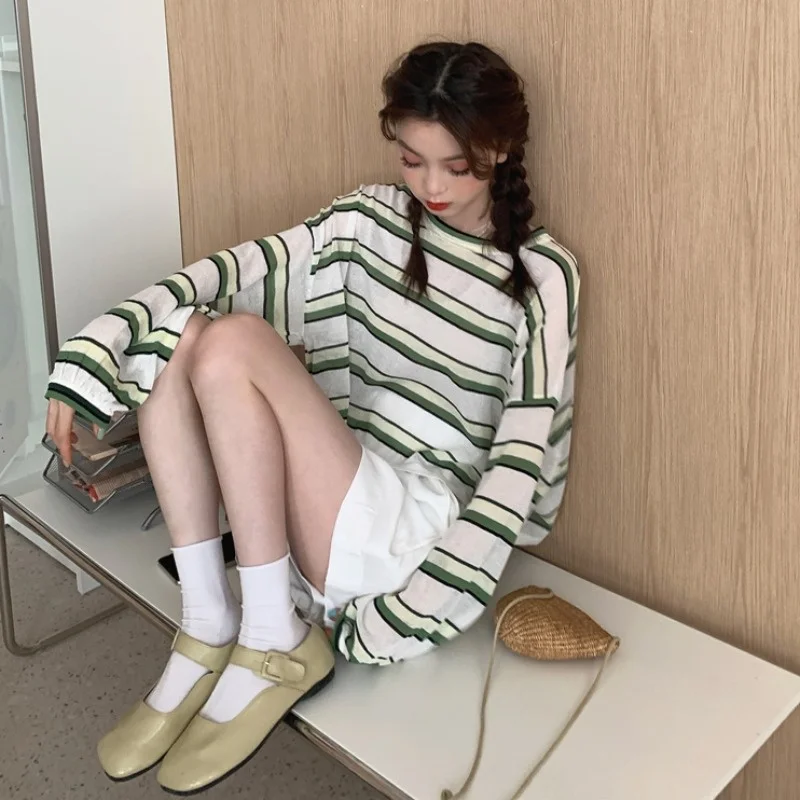 Женская футболка в полоску вязаная Солнцезащитная Новинка лета 2021 свободный