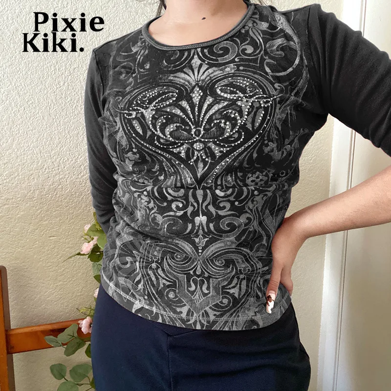 

PixieKiki Y2k Fairy Grunge Fitted Long Sleeve Top Rhinestone Vintage Heart Printed Graphic T-shirt Indie Aesthetic P84-BF12