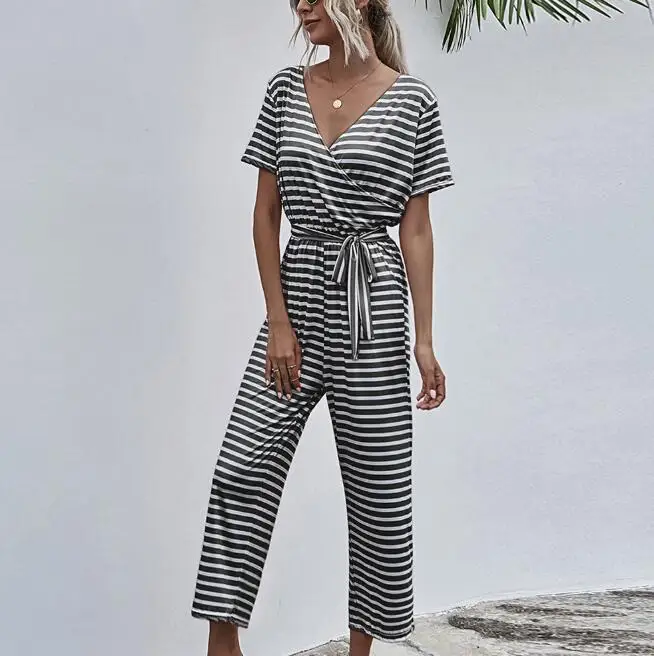 European and American women's fashion striped V-neck short-sleeved lace-up slim casual women's jumpsuit 4