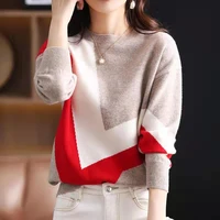 snaoutofit autumn winter pure wool sweater women high sense of color matching casual temperament loose knitting pullover shirt