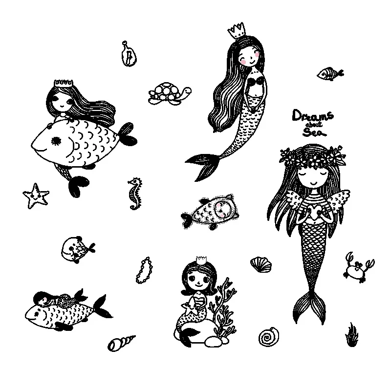 

Cartoon Mermaid Wall Stickers for Kid's Bedroom Decor Bathroom Waterproof Marine Animals Creative Wall Decals PVC Art Posters