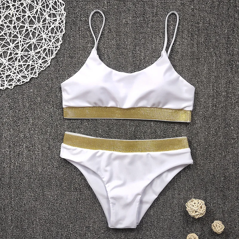 

Women Bathing Suit Sexy Bikini High Waist Swimwear Gold Shiny Sequins Patchwork Black White Swimsuit Brazilian High Cut Biquinis