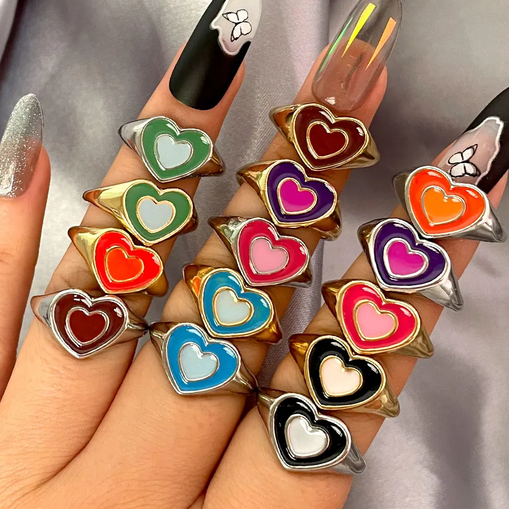 

12 Colors Enamel Glaze Double Heart Rings for Woman Creative Double Color Colorful Love Heart Rings Fashion Couple Jewelry