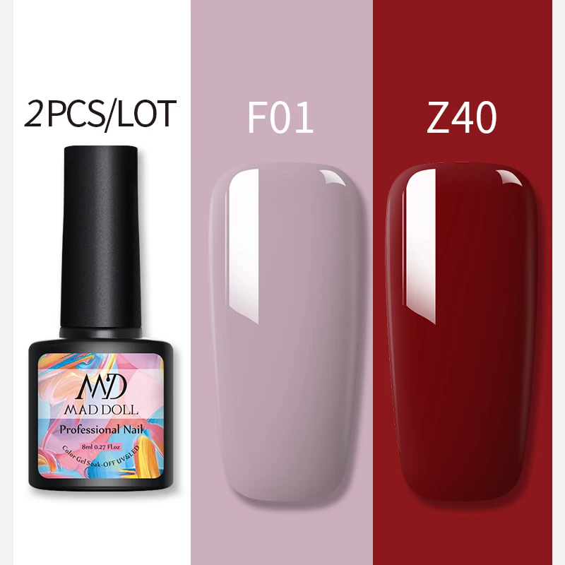 F01Z40 2 бутылки 8 мл MAD DOLL УФ-гель для ногтей чистый цвет и Блестящие Блестки долговечный впитывающий Гель-лак для нейл-арта - Цвет: F01Z40