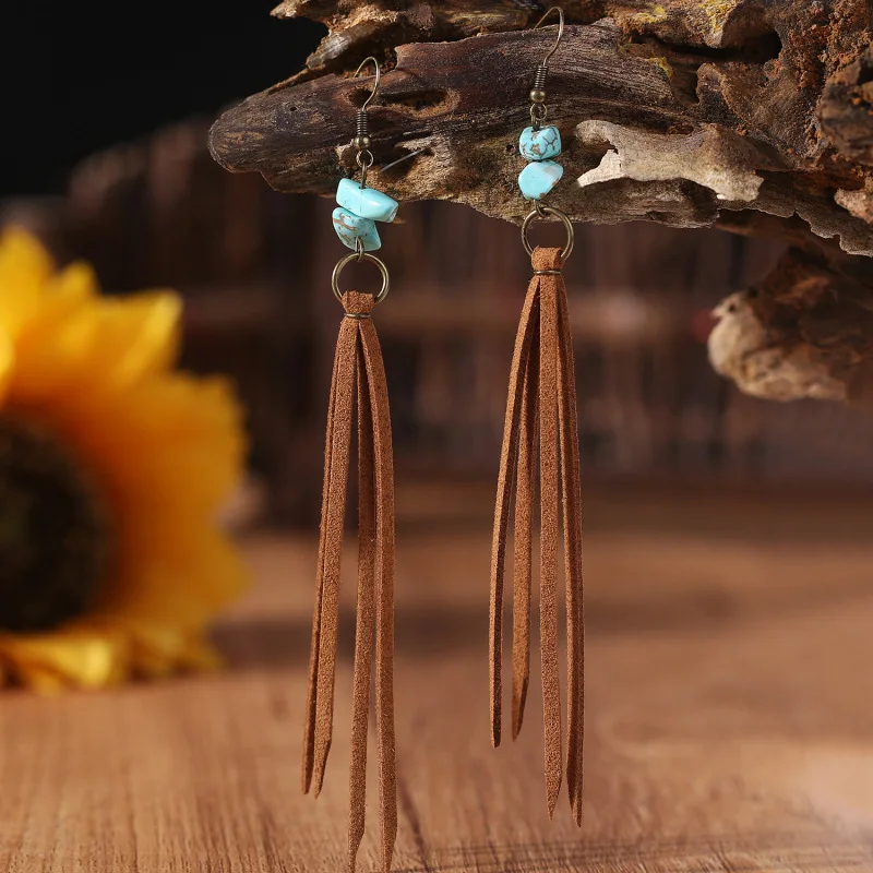 

Boho Jewelry Turquoise Stone Stack Earrings with Vegan Suede Tassel Black/Brown Neutral Sustainable Earrings Vegan Stone I3LD0