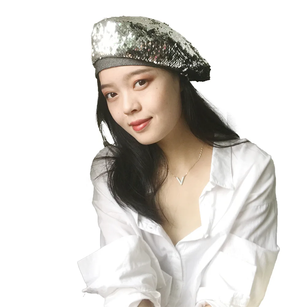 

Women’S Beaded Beret Stylish Retro Cap Adjustable Two-Tone Flip Sequin Painter’S Cap